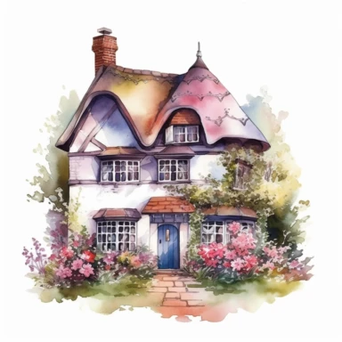 Vector clipart, isolated on white background, beautiful lovely Watercolor cute little colorful house, spring time , ornated, pastel colors, small England village