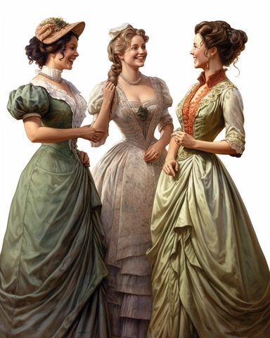 detailed happy beautiful lady , dressed in a sage victorian vintage dress talking to other happy ladies, hyper realistic, 8k, isolated on white backgorund, clipart