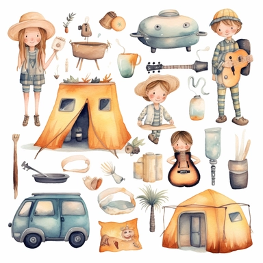 Watercolor boho beach camping illustrations clipart set, simple, soft colors, cartoon elements, different variants, cute little boy and girl , tent, campervan, camping related items, pots, bonfire, full backpack, separate elements with a margin