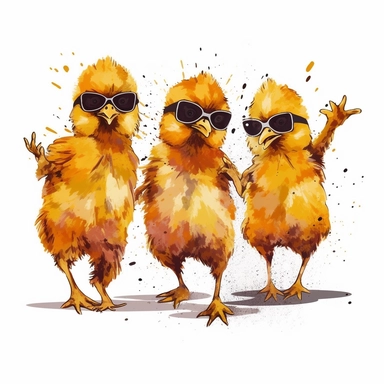 three cool baby chickens, doing three different dance moves, clipart style, funny