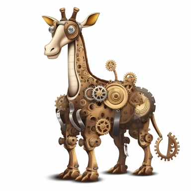 friendly giraffe with cute eyes, standing up, in the style of steampunk, clipart, white background, lots of cogs