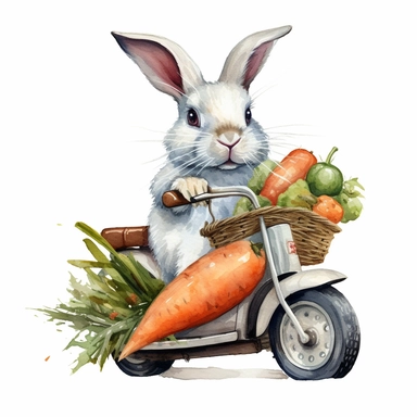 baby bunny driving motor bike, in basket there are some carrots, clipart, watercolor style, ultra hd detailed, high quality, white background, hyperrealistic, hyperrealism, hyperdetailed