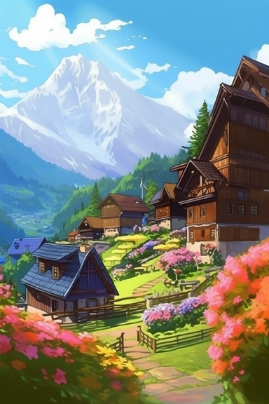 A german style village clipart, flowers, cozy, luminious, dramatic lighting, super detailed, daytime, Studio Ghibli, on a mountain, mountains in the background, during spring.