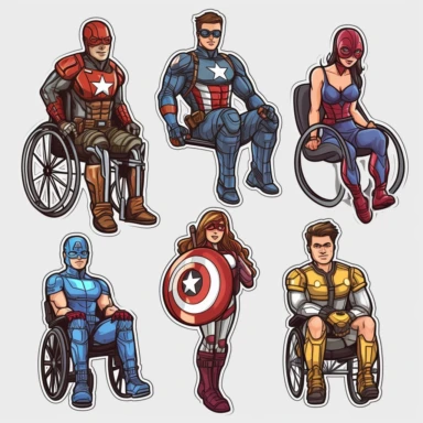 6 clipart elements, series of very hyperdetailed colorful stickers, cool people with disabilities, marvel style, superheros, each sticker with a clear white outline between each element, light grey background, realistic