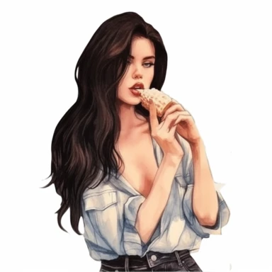 isolated stunning black haired model licks ice cream in a wafer, detailed watercolor clipart, white background