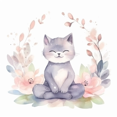 cute cat doing yoga exercise, yoga lotus flower background, watercolour clip art