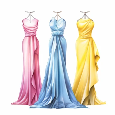 2d illustration of 3 prom dresses, fashion illustration, clipart, illustration, halter neck dress with drapes details, pink, blue, white, yellow on mannequin, white background, 360dpi,