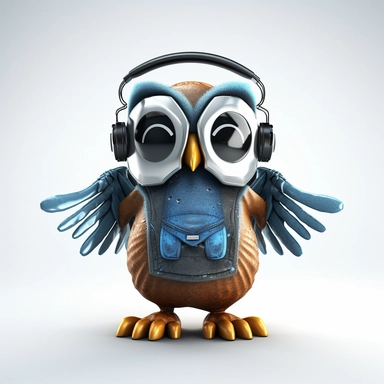 please create pixar style character clipart of an owl wearing headset hip hop, back view with arms flexing