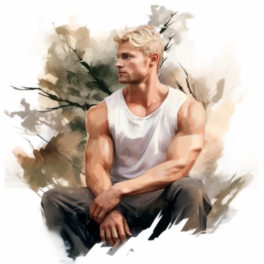 an blond Angel man muscular and attractive waiting with crossed arms by a tree evening hours watercolor clipart