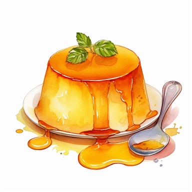 Watercolor japanese custard purin clipart, hd, on white background, spaced out
