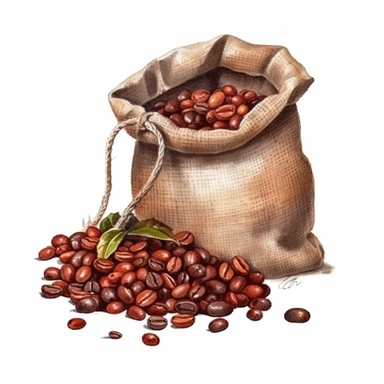 a bag of coffee beans, realistic painting, watercolor, cliparts on white background