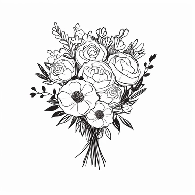 vector illustration, hand drawn, elegant floral bouquet with blossomed roses, silhouette, outline svg, clipart, roses wedding bouquet, all white background