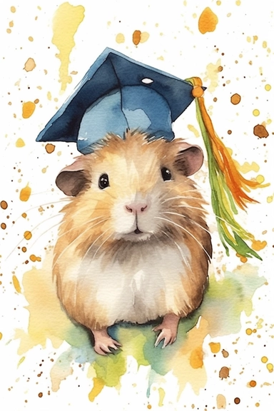 Create a watercolor clipart picture of a cute and happy guinea pig wearing a graduation cap. The guinea pig should have an adorable and delighted expression, with its fur depicted in soft watercolor textures. The graduation cap should be adorned with a tassel and placed on the guinea pig's head. Surround the guinea pig with celebratory elements such as confetti, balloons, and diplomas.