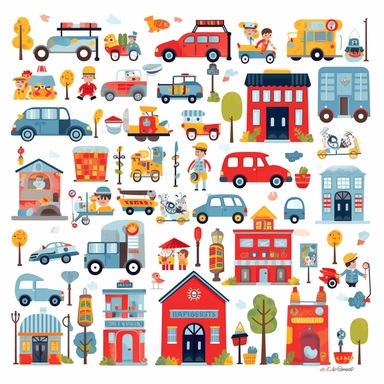 City, street, police, fire department, ambulance, cars flat vector clipart, nursery decor, small child, cute, children room deco
