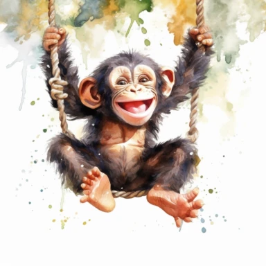 cute chimpanzee, swinging through the trees with boundless energy, its joy contagious, rich watercolor, clipart, on a white background