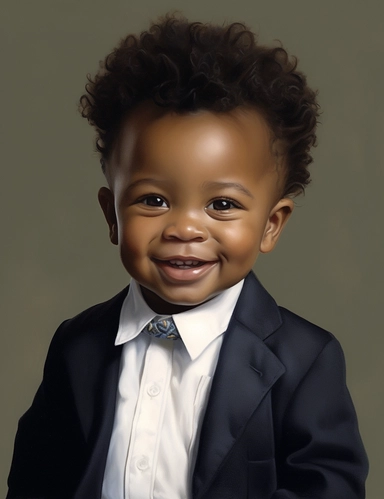 Hasselblad 24 mm three quarters shot of a gorgeous african american baby boy very well dressed with Blue Eyes, clipart, Composition: Relaxed position with intricate high hairstyle, smiling, Style: Pirate, white background, hyperrealism, 32k