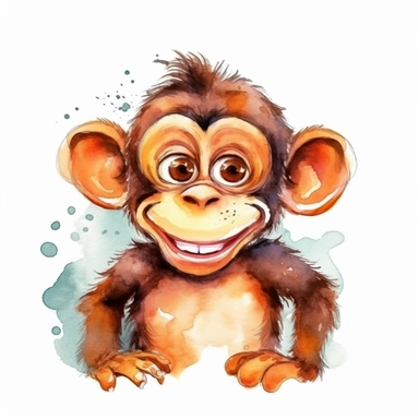 cartoon funny happy monkey illustration clipart, detailed, black outline, white background, 4k, watercolor, digital art