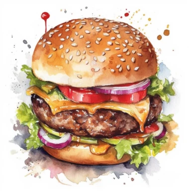 Aquarel hamburger clipart, Hamburger met friet clipart