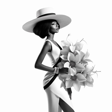 Gorgeous African American Woman, Wearing A Big Hat With A Beautful Flowers On Them, Standing Stall With Black Shoes Black And White Clipart, HD, White Background