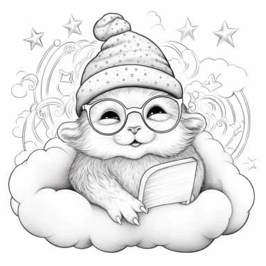 colouring book, black and white, simple art, a cute baby Otter sleeping on a mega cloud, pyjama hat on, closed eyes, glasses on, magical tale, for ages 2-6, adorable, bedtime, clipart, no fill, no background