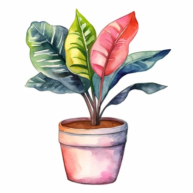 Watercolor clipart tropical single planter, Watercolor clipart tree planter, single watercolor houseplant clipart in pot, black contour around the leaves, white background, with colorful flower