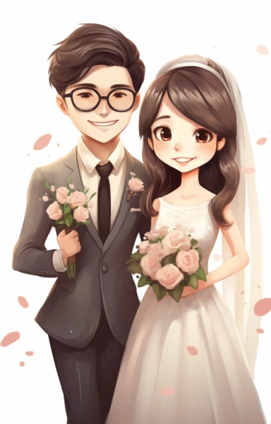 a married couple in a cartoon style clipart, in the style of gongbi, transparent/translucent medium, caricature-like, dark white and amber, oshare kei, uhd image, soft pastels