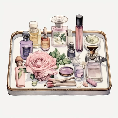 watercolor, hyper realistic, white background, white margins, 16k, ultra detailed clipart, cut out image, hand-drawn An antique-inspired vanity tray with vintage perfume bottles arranged on it, accompanied by a mirror, a brush, and other beauty accessories. Use soft and muted colors such as dusty rose, antique gold, lavender, and sage green for a vintage-inspired palette