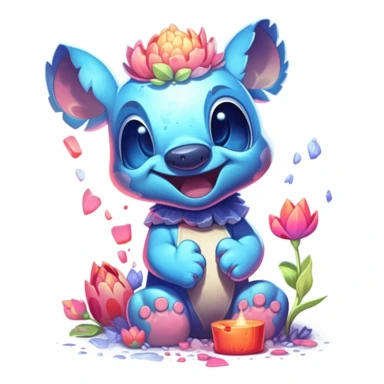 disney's stitch on a white background, front page of art station, smiling sweetly, in art style, full image, with colored flowers, cute little creature, official splash art, disney news, upbeat, clipart