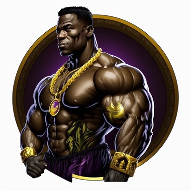 clipart image, logo, African American, bodybuilder, gold necklace, purple and gold gym suit