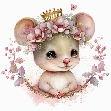 watercolour fairytale white cute baby princess mouse in pink tutu dress with floral tiara on head beautifully detailed facial features cute face, png image high resolution,300dpi,graphic clipart,computer graphics