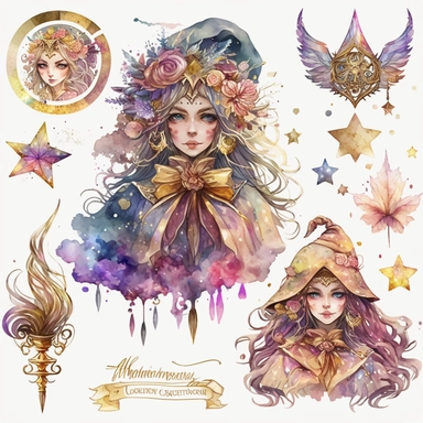 watercolor witchcraft set of golden Key, watercolor clipart, isolated elements, in the style of the stars art group (xing xing), tanya shatseva, artgerm, Josephine Wall, pastel colors scheme, charming character illustrations, cute cartoon, beautiful facial features, detailed costumes, lovely, uhd image, transparent/translucent medium, bloomcore, matte painting, white background
