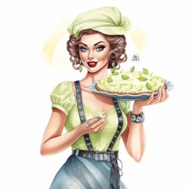 hand drawn pin up woman, wearing a bakers hat, light blue and white striped apron, holding a key lime pie anf limes, glamorous, half body, very detailed and realistic, watercolor, white background with margins, clipart style