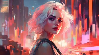 beautiful stunning pretty vintage, futuristic bladerunner style young woman, paint art style, clipart, city landscape background, superrealistic, one of a kind
