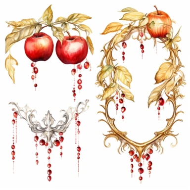 gold leaf and red apple frames, rococo, icicles, watercolor clipart