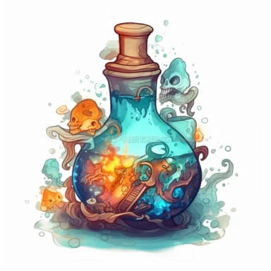 magical potion bottle, magical and mystical, video game style, clean and crisp, clipart, illustration, alchemical, smoke and embelishments, wizards potions, isolated on white background