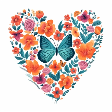 heart shaped composition of flowers and butterflies, 2d flat design, hand painted, colorful summer color palette of bright pink, coral orange, teal blue, and lavender in the style of Rifle Paper Company, clipart on white background, tshirt design