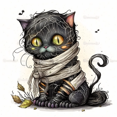 cute mummy black cat halloween, Watercolor style, Clipart,highly detailed on white background