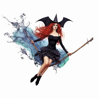 a beautiful red witch flying, flying Bats, old messy, dirty, blue black and green dark gothic theme clipart on a white background