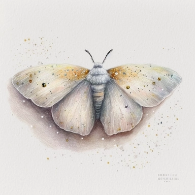 A white moth, on a bed of glitter, white, gold, glitter, fantasy, realistic illustration, watercolor, by Dinara Mirtalipova, by Disney, bright and airy Colors, concept art, white background , clipart