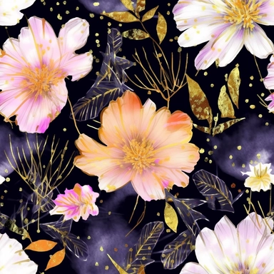 vibrant seemless pattern neon Midnight clipart, Watercolor paper, pale colors, gold striated, summer flowers, romantic, white background, pre - raphaelite, abstract