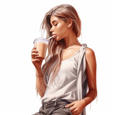 girl drinking latte, in the style of realistic and hyper-detailed renderings, sketchfab, ahmed morsi, realistic paintings, use of common materials, handcrafted designs clipart tan and silver with white background