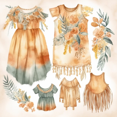 *Design a watercolor clipart featuring bohemian-style baby cloth such as flowy dress, romper, and fringed vest. Use earthy tones and delicate lines to capture the free-spirited vibe, white background