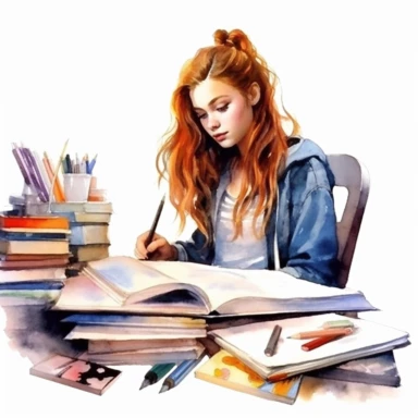 watercolor style, teenage girl learning at the perfectly organized desk, realistic, clipart, isolated on white background, 4K