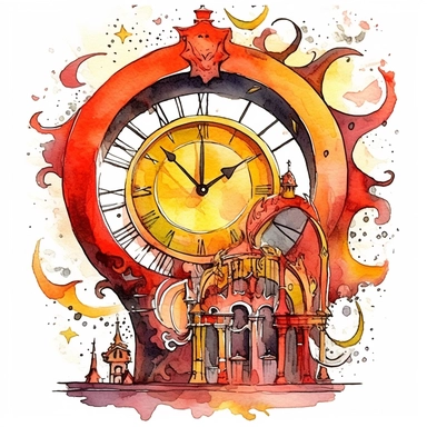 clipart watercolor creepy magic clock with crescent moon and stars, red yellow silver color style, fantasy, detailed, white background, illustration painting, collaged constructions, digital art, in the style of sculptural and geometric, forced perspective drawings, Geometric brushstrokes form an intriguingly abstract, painterly figure