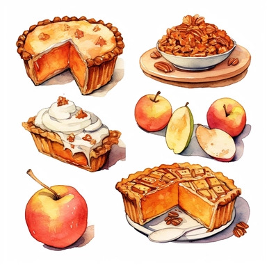 a watercolor clipart featuring a variety of Thanksgiving pies, such as pumpkin, apple, pecan, and sweet potato, cliparts,watercolor illustration, white background for removing background