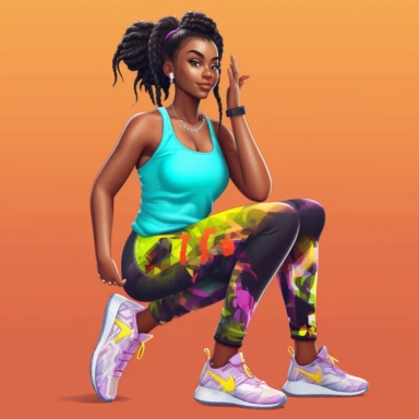 beautiful black teenage girl with beautiful pinned up hairstyle, dressed in bright colored fitness attire. Full perspective and, long shot A young black woman with full lips and a big beautiful smile, dressed in a jogger, has pinned up hairstyle and beautiful shapely legs, wearing sneakers, clipart in the style of digital airbrushing, feminine sticker art, dollcore, realistic face, realistic body, glamorous,