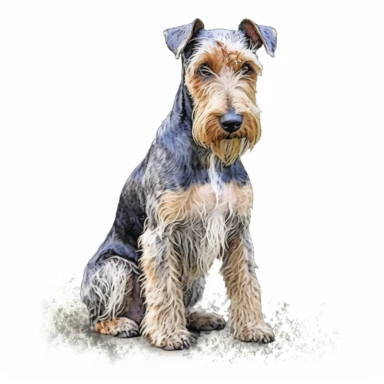 old English Terrier watercolour painting sitting realistic yet stylized, digitally enhanced, clipart, 32k uhd, detailed crosshatching white background