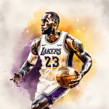 a clipart of a ultra detailed watercolor Lebron James basketball player in Los Angeles Lakers with a Los Angeles Lakers Logo watercolor as background, v4 ar 2:3