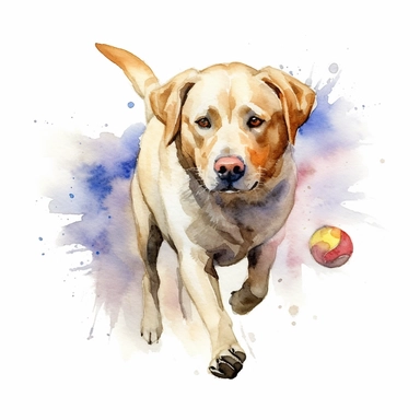 Labrador Retriever, Playing Fetch, watercolor, Clipart, white background, no text, no caption
