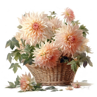 a simple gorgeous A basket arrangement with creamy peachy-light pink Café Au Lait Dahlia flowers, and green foliage on white background clipart, watercolor painting realistic, high quality, vibrant, Vicente Romero Redondo, Willem van Aelst